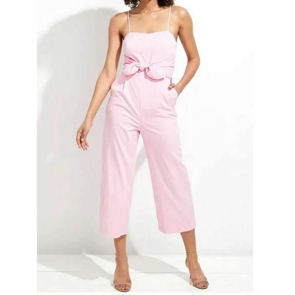 Vineyard Vines Pink White Seersucker Tie Waist Jumpsuit Wide Leg Size 8